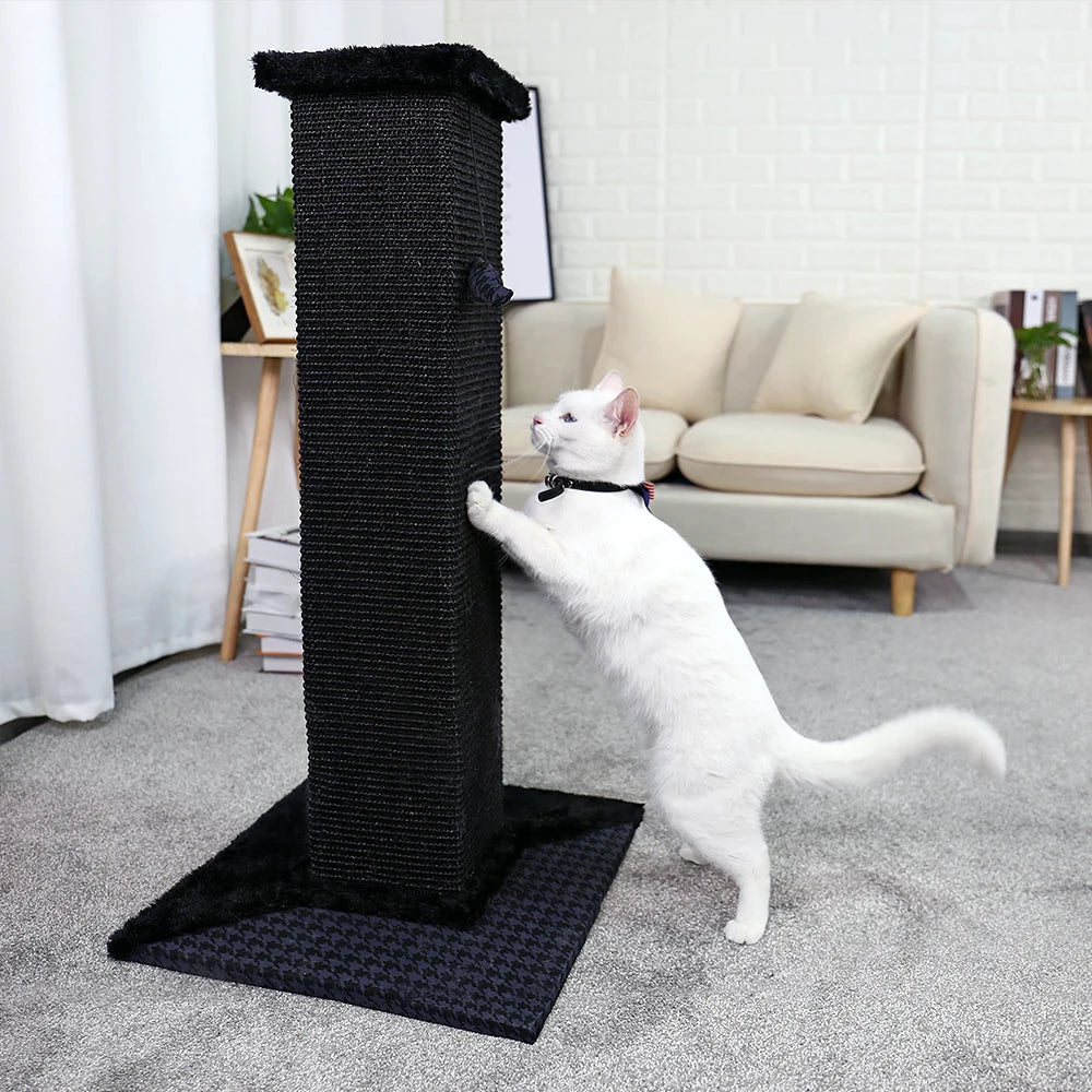 82cm(32in) Cat Scratching Post Plush Top Perch with Ball, Black Natural Sisal