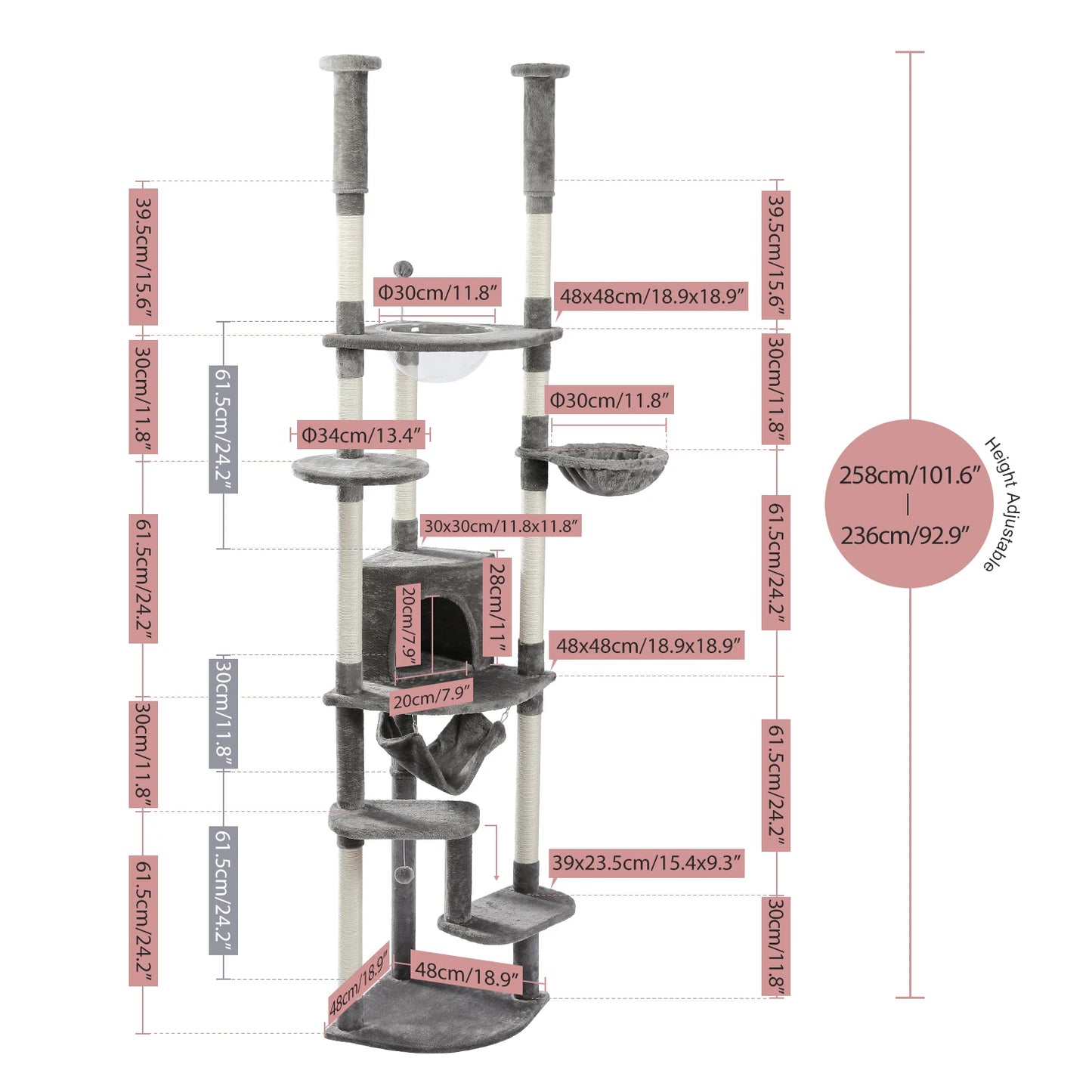 236-258CM Cat Tree Ceiling to Floor Adjustable Height