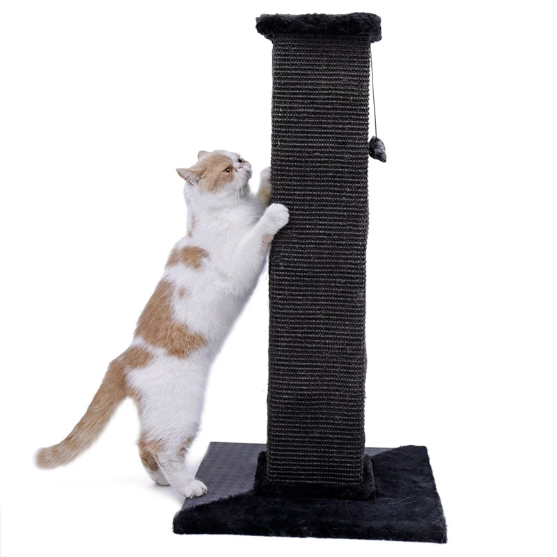 82cm(32in) Cat Scratching Post Plush Top Perch with Ball, Black Natural Sisal