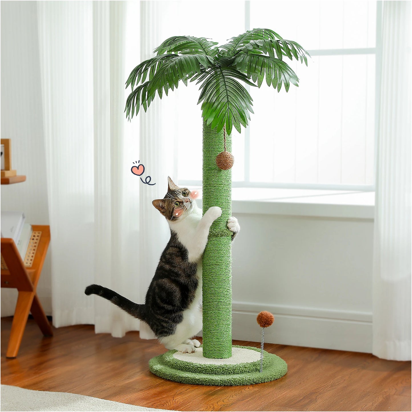 85CM Tall Cat Scratching Post with Hanging Ball Simulated Green Leaves Sisal Rope for Indoor Large Durable Scratching Boards