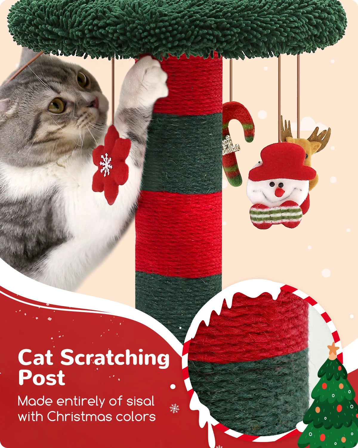 Christmas Tree Cat Scratching Post - 31-Inch Cute Scratcher with Plush Toys