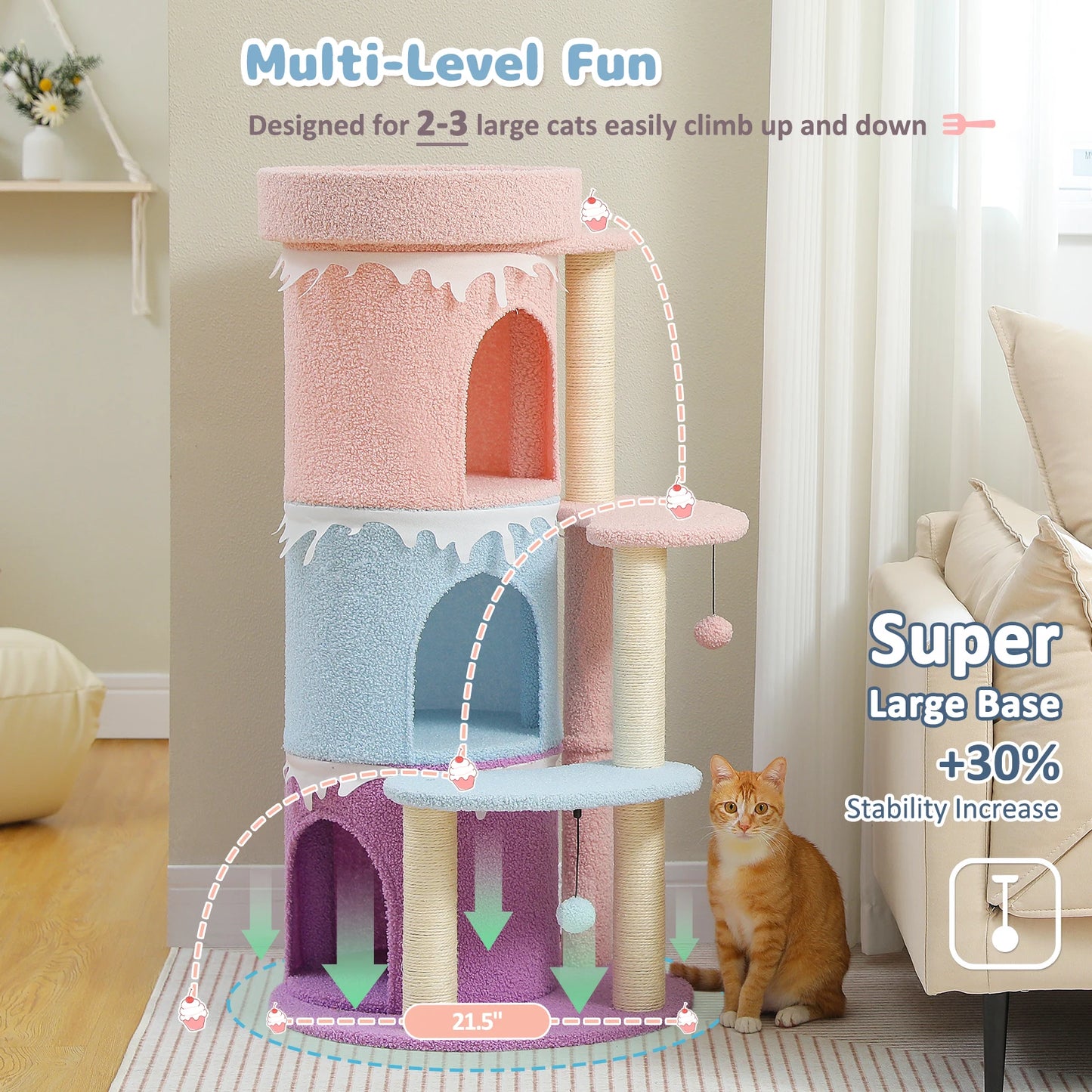 Cat Tree and Condos for Large Cats - Cake Design Cat Tower with Top Perch and Sisal Scratching Posts