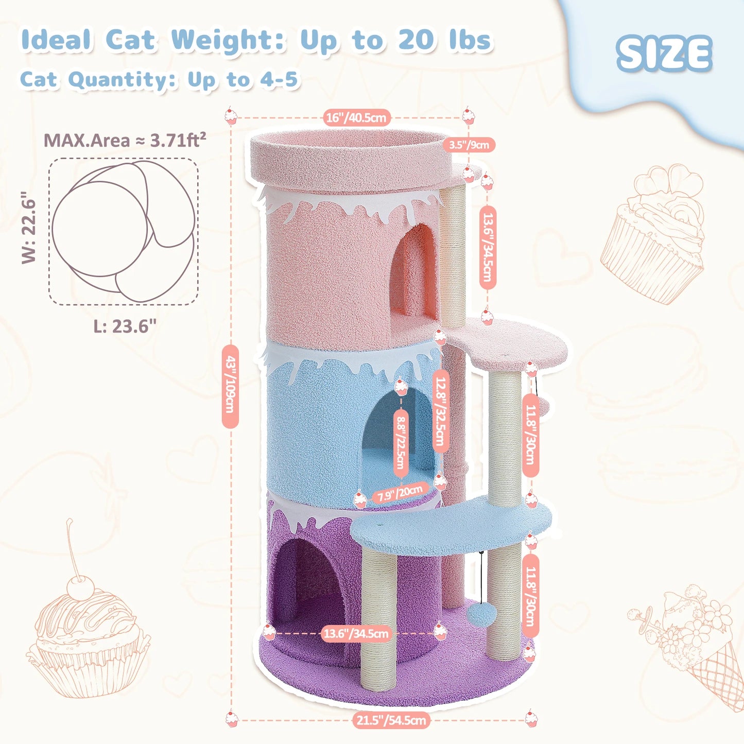 Cat Tree and Condos for Large Cats - Cake Design Cat Tower with Top Perch and Sisal Scratching Posts