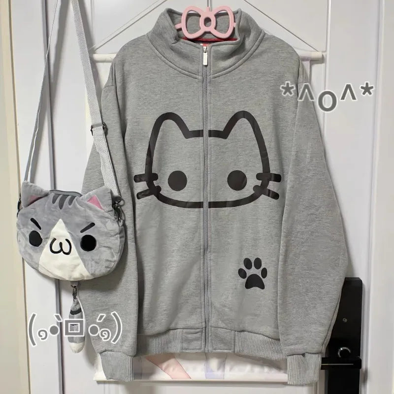 Cat Print Zipper Stand Collar Sweatshirt for Women - Loose Preppy Kawaii Style