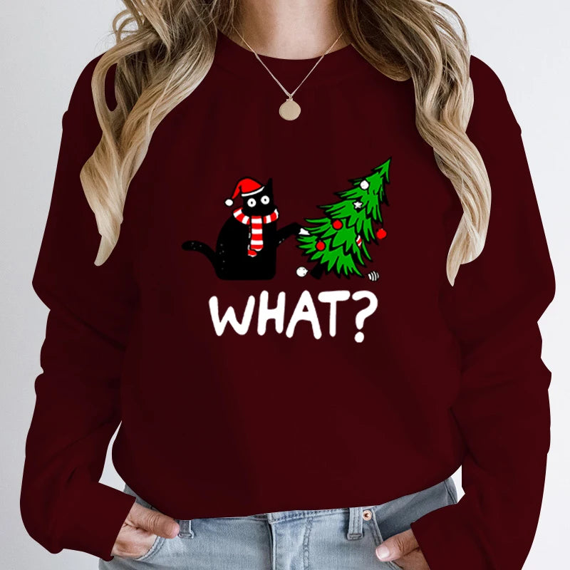 Black Cat Christmas Print Sweatshirt -  Long-Sleeved Pullover for Women