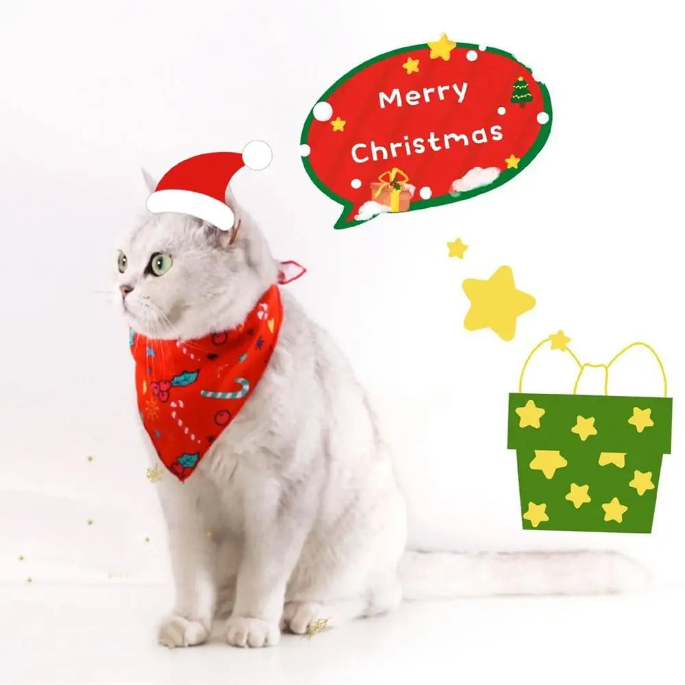 2Pcs Kitten Dress Up Christmas Accessories - Cute 3D Star Bib & Santa Hat Set | Pet Holiday Bandana