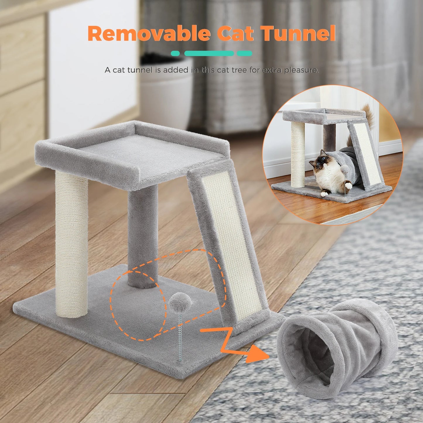 45CM Small Cat Tree with Play Tunnel 4-in-1 Cat Tower Scratching Post with Large Top Perch,  Ball and Scratching Board