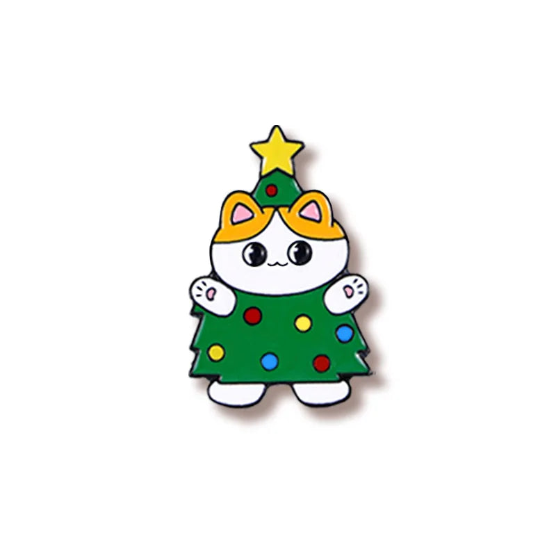 Cute Cartoon Christmas Cat Enamel Brooch - Stocking Tree Santa Claus Lapel Pin