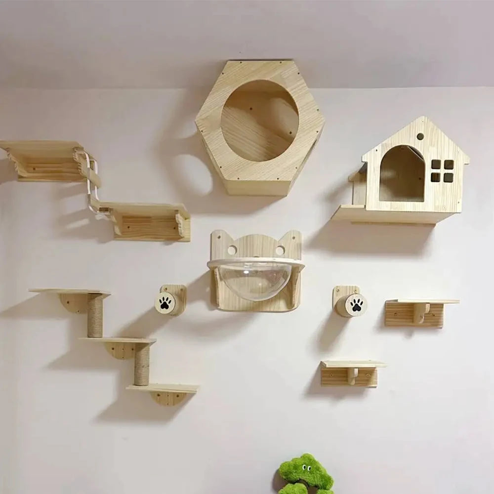 Solid Wood Wall-Mounted Cat Climbing House: Durable Sisal Climbing Ladder
