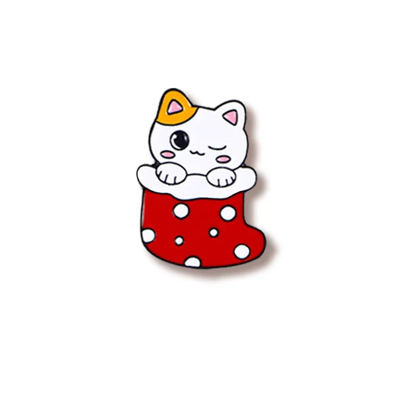 Cute Cartoon Christmas Cat Enamel Brooch - Stocking Tree Santa Claus Lapel Pin