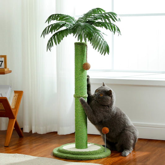 85CM Tall Cat Scratching Post with Hanging Ball Simulated Green Leaves Sisal Rope for Indoor Large Durable Scratching Boards