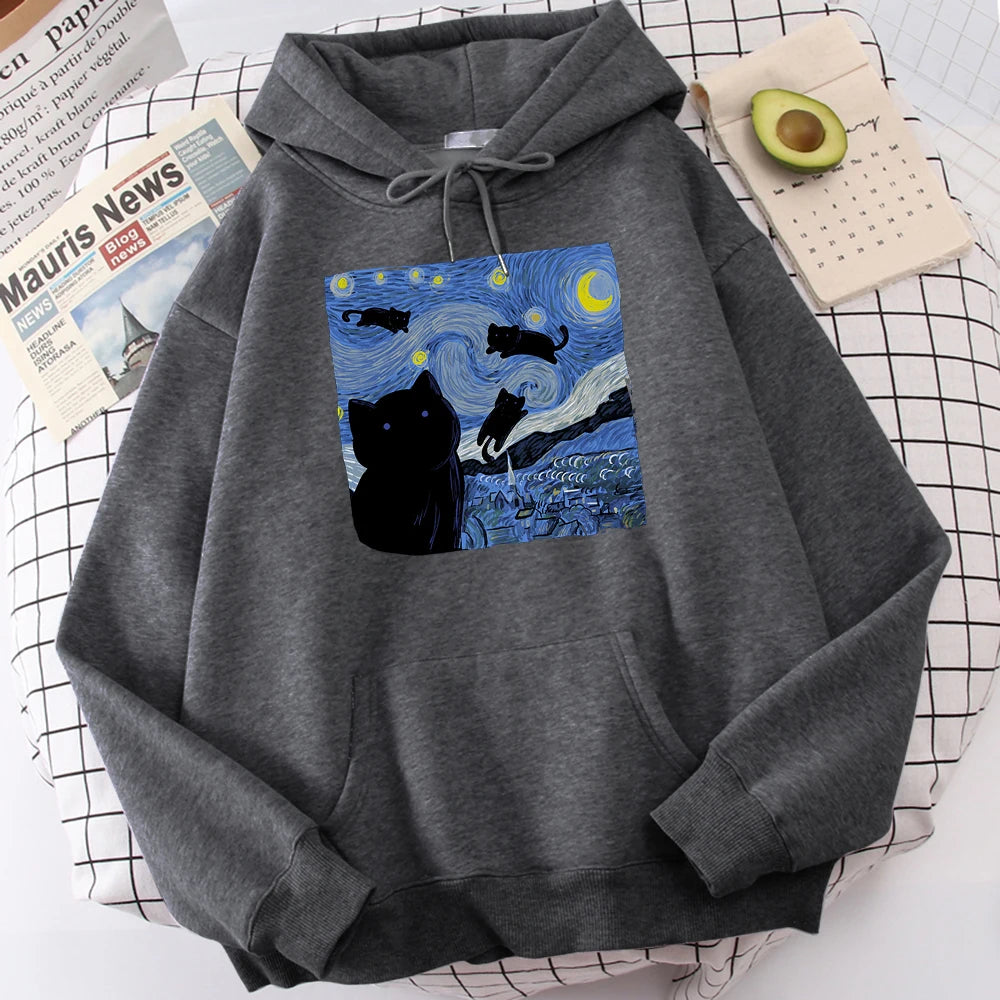 The Starry Cat Night Print Hoodies  – Cozy, Oversized Fleece Sweatshirts