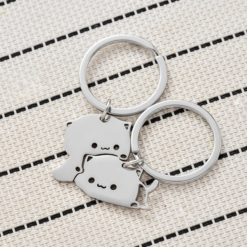 Stainless Steel Cat Couple Keychain - Cute Animal Matching Keyring Pendants