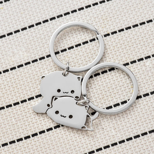 Stainless Steel Cat Couple Keychain - Cute Animal Matching Keyring Pendants