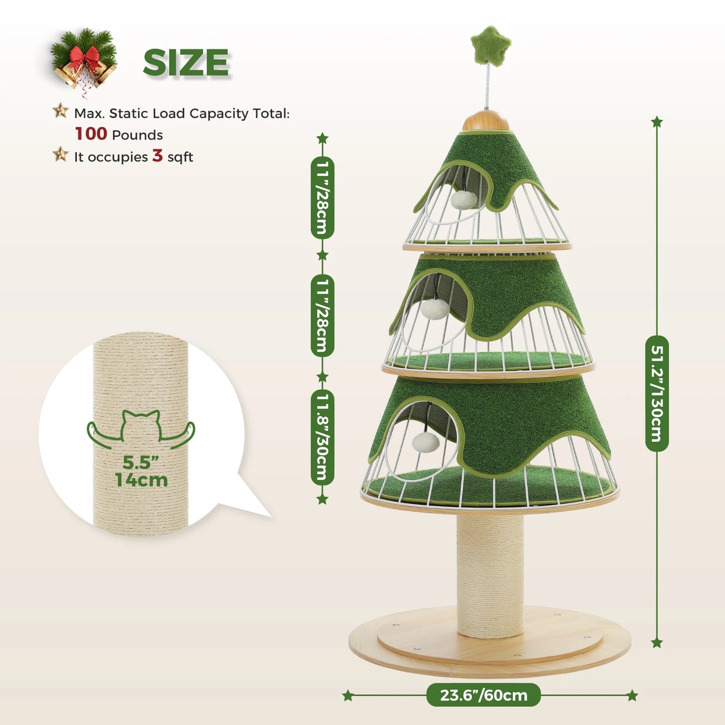 51.2" Cat Christmas Tree - Modern Cat Tower with Thick Scratch Post