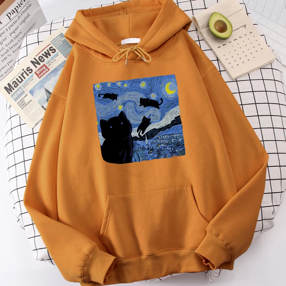 The Starry Cat Night Print Hoodies  – Cozy, Oversized Fleece Sweatshirts