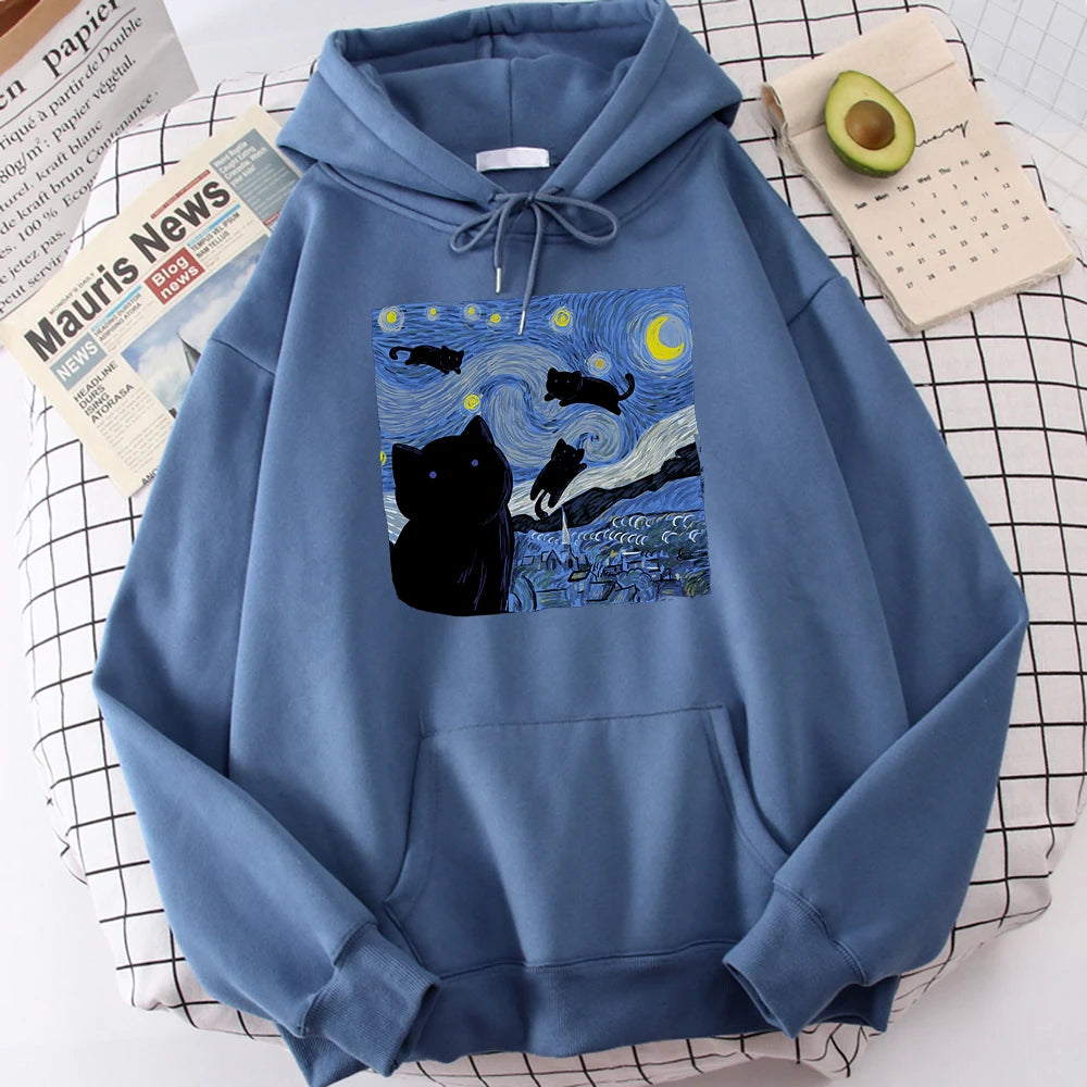 The Starry Cat Night Print Hoodies  – Cozy, Oversized Fleece Sweatshirts