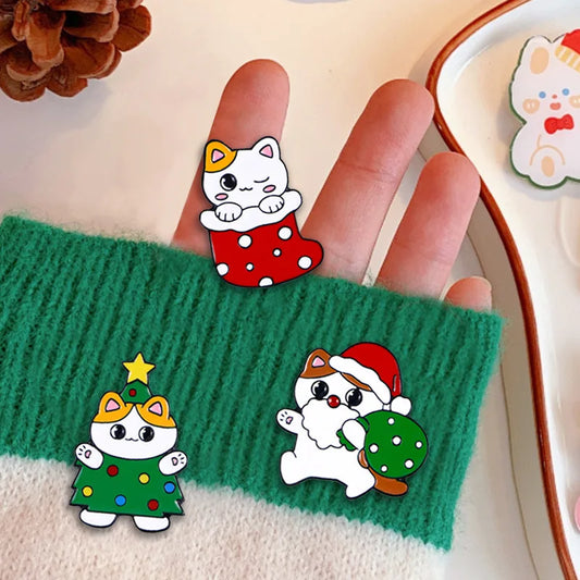 Cute Cartoon Christmas Cat Enamel Brooch - Stocking Tree Santa Claus Lapel Pin