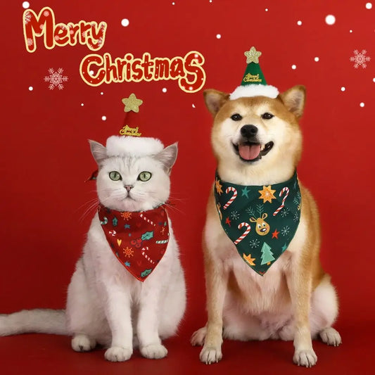 2Pcs Kitten Dress Up Christmas Accessories - Cute 3D Star Bib & Santa Hat Set | Pet Holiday Bandana