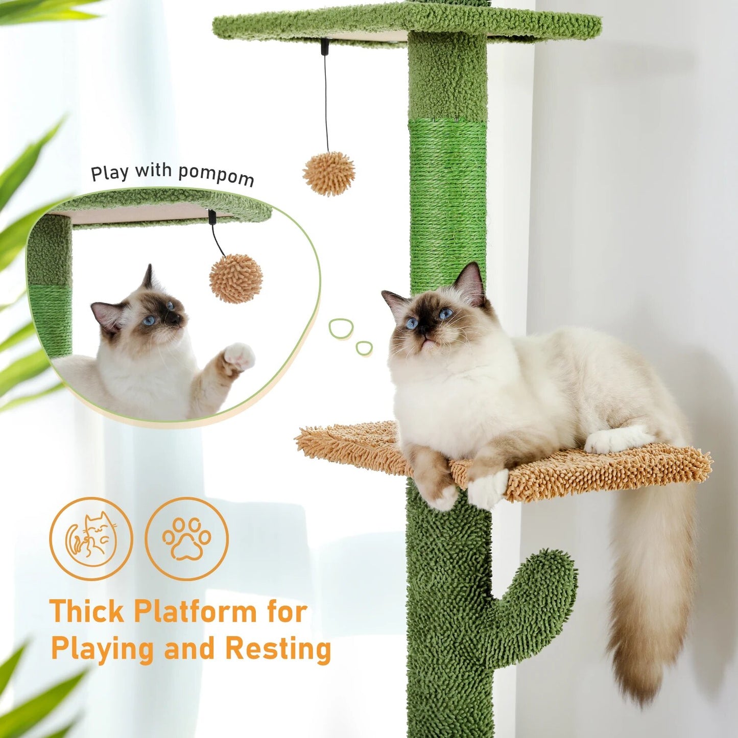 PAWZ Road Cactus Cat Tree Floor to Ceiling - 5-Level Adjustable Indoor Cat Tower with Natural Scratching Posts and Hammock