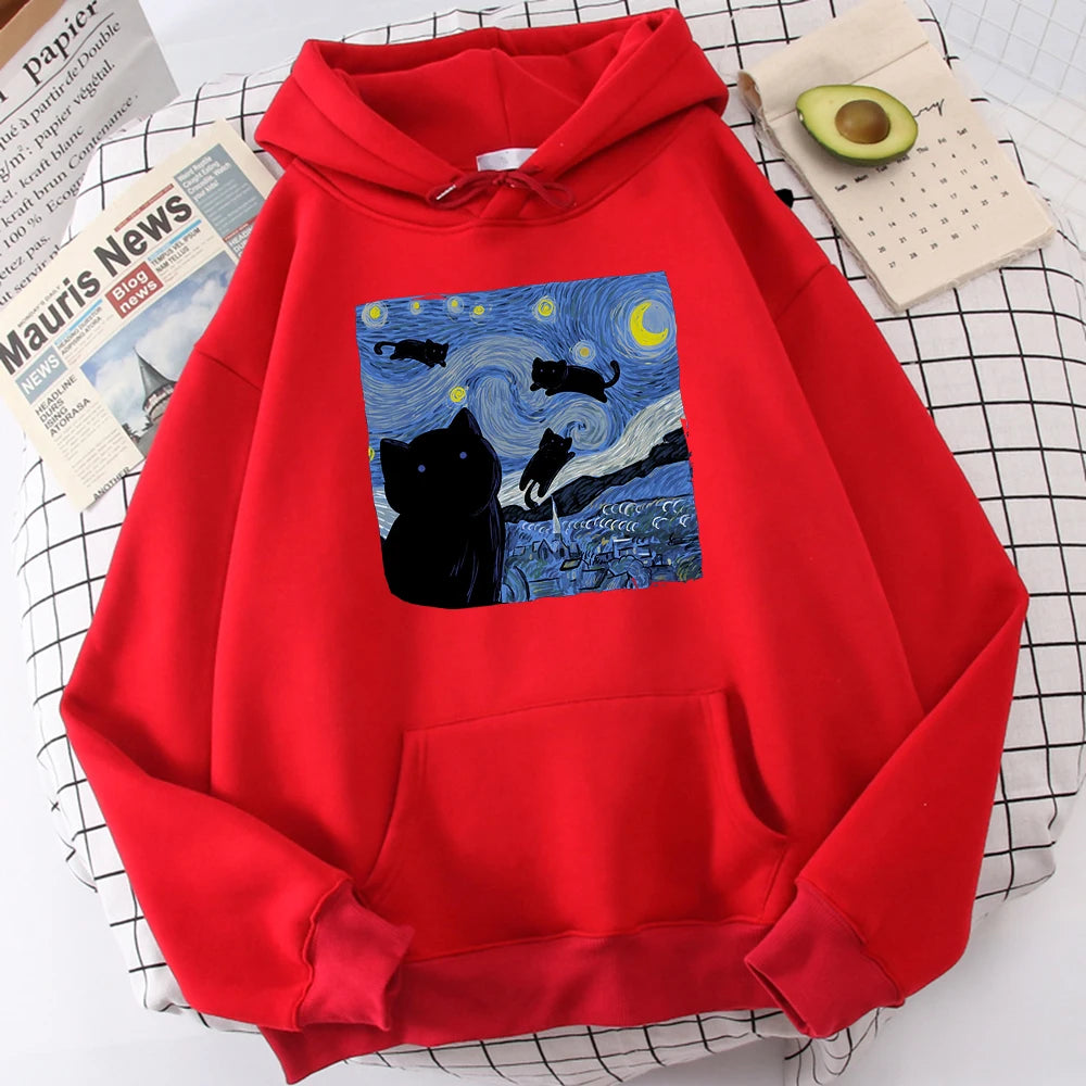 The Starry Cat Night Print Hoodies  – Cozy, Oversized Fleece Sweatshirts