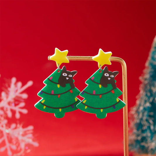 Acrylic Cat Christmas Tree Earrings - Xmas Tree Black Kitten Jewelry