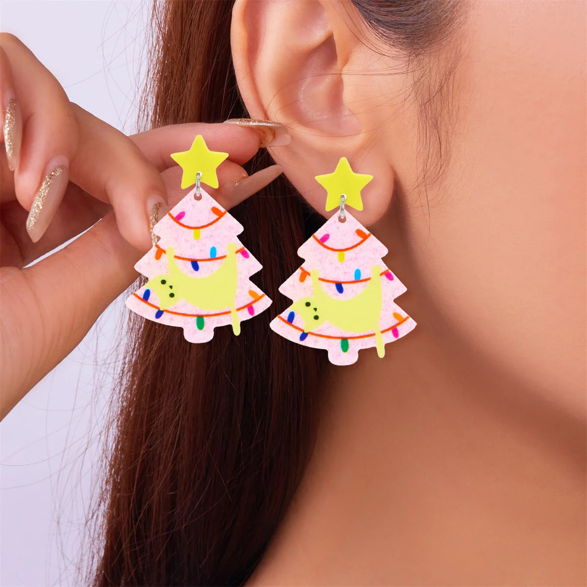 Acrylic Cat Christmas Tree Earrings - Xmas Tree Black Kitten Jewelry