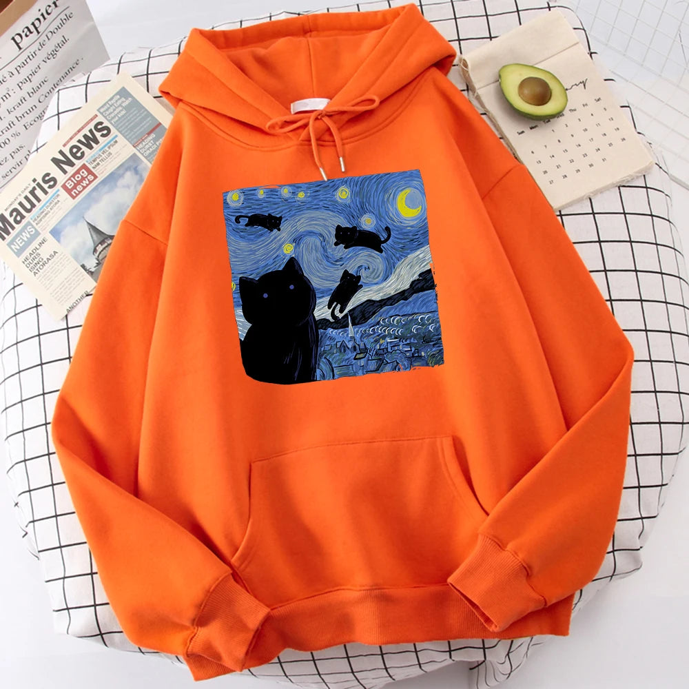 The Starry Cat Night Print Hoodies  – Cozy, Oversized Fleece Sweatshirts