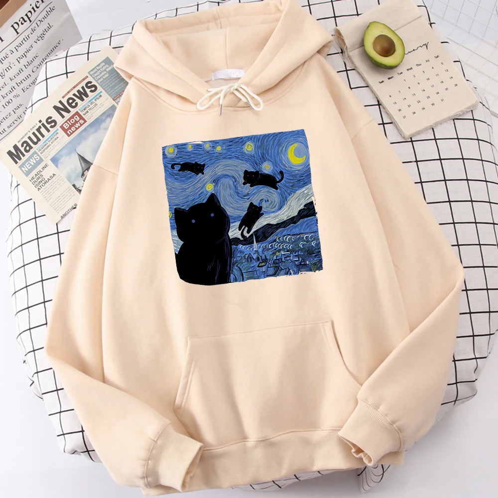 The Starry Cat Night Print Hoodies  – Cozy, Oversized Fleece Sweatshirts