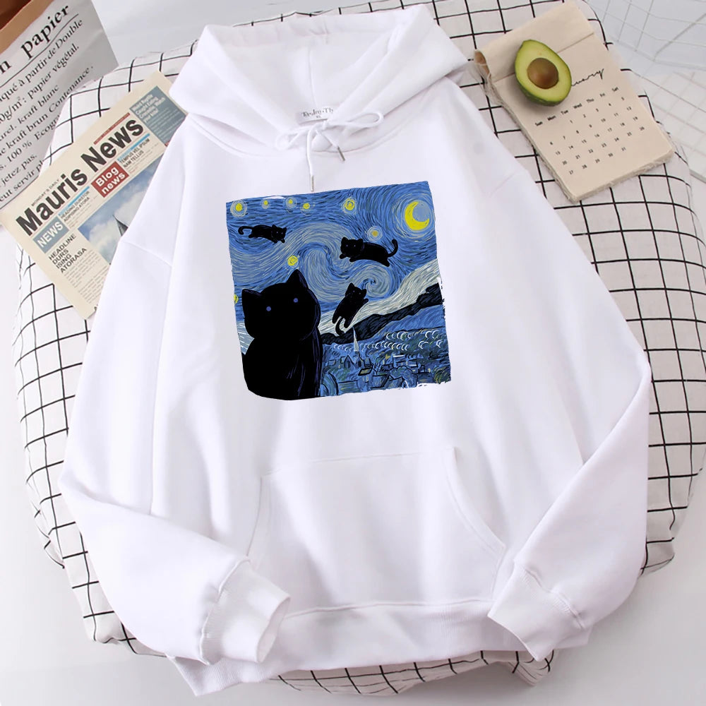 The Starry Cat Night Print Hoodies  – Cozy, Oversized Fleece Sweatshirts