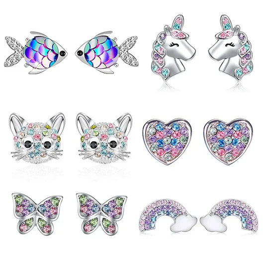 Sparkly Stud Earrings with Colorful Crystals - Unicorn, Cat, Butterfly, Rainbow, Heart, Star