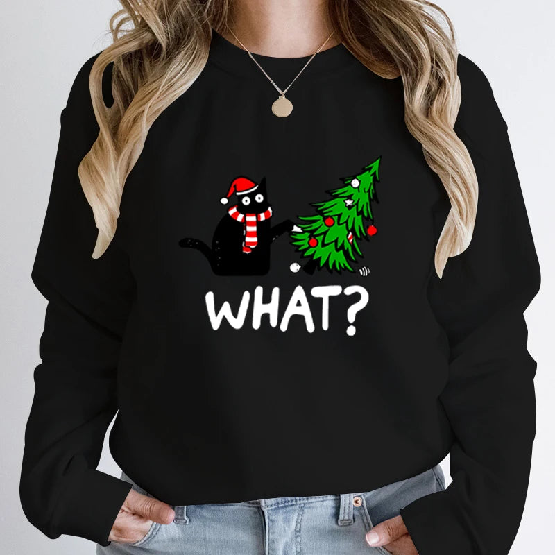 Black Cat Christmas Print Sweatshirt -  Long-Sleeved Pullover for Women