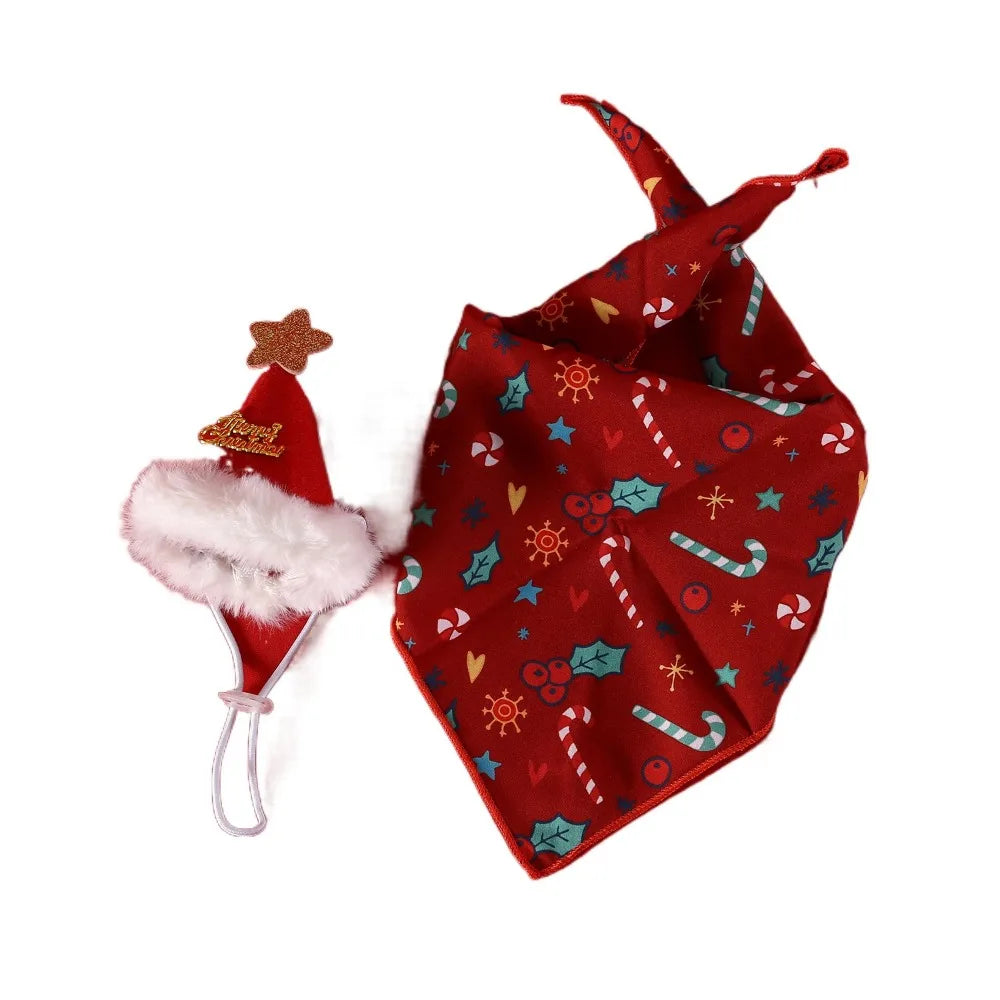 2Pcs Kitten Dress Up Christmas Accessories - Cute 3D Star Bib & Santa Hat Set | Pet Holiday Bandana