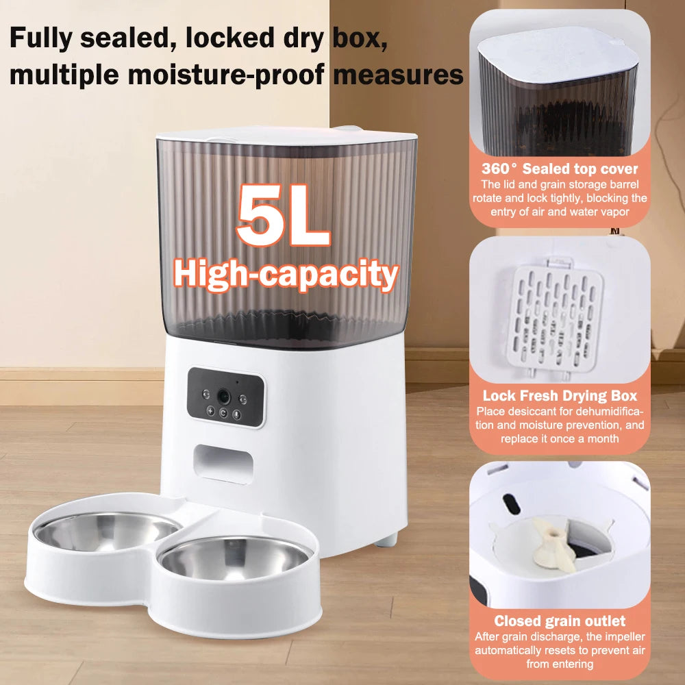 5L Automatic Feeder with WiFi and HD Camera - Smart Interactive Pet Food Dispenser for Cats & Dogs