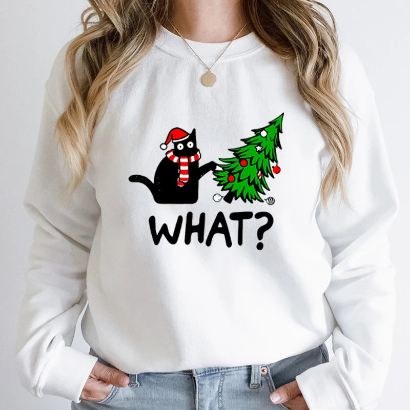 Black Cat Christmas Print Sweatshirt -  Long-Sleeved Pullover for Women