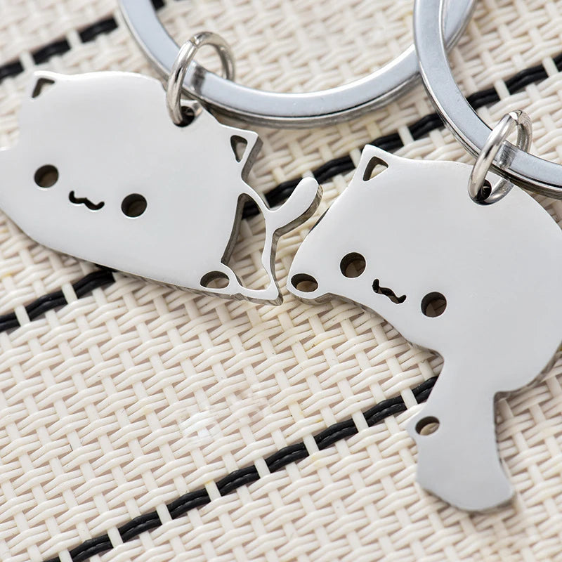 Stainless Steel Cat Couple Keychain - Cute Animal Matching Keyring Pendants