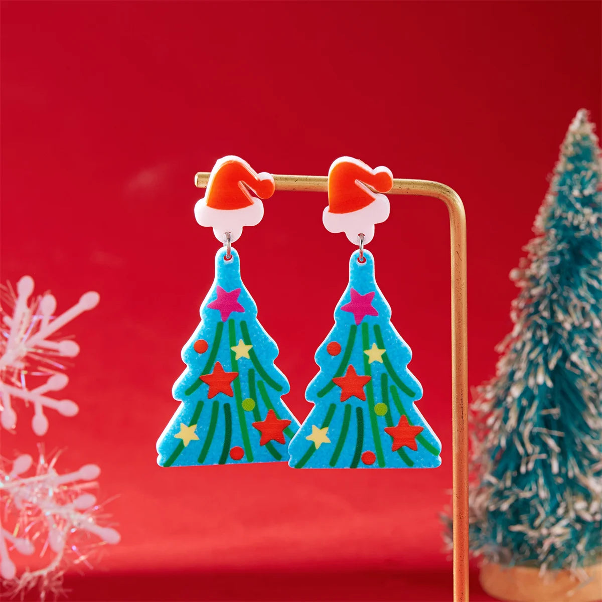 Acrylic Cat Christmas Tree Earrings - Xmas Tree Black Kitten Jewelry