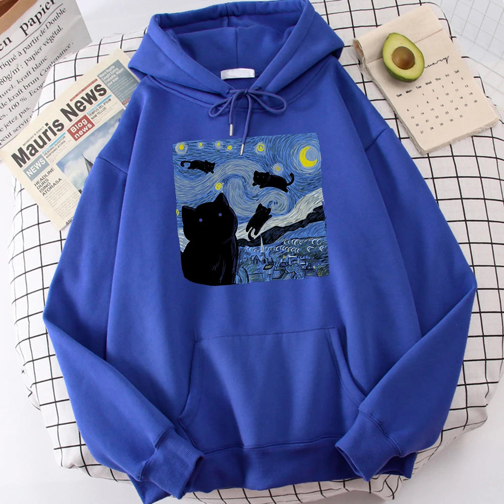 The Starry Cat Night Print Hoodies  – Cozy, Oversized Fleece Sweatshirts