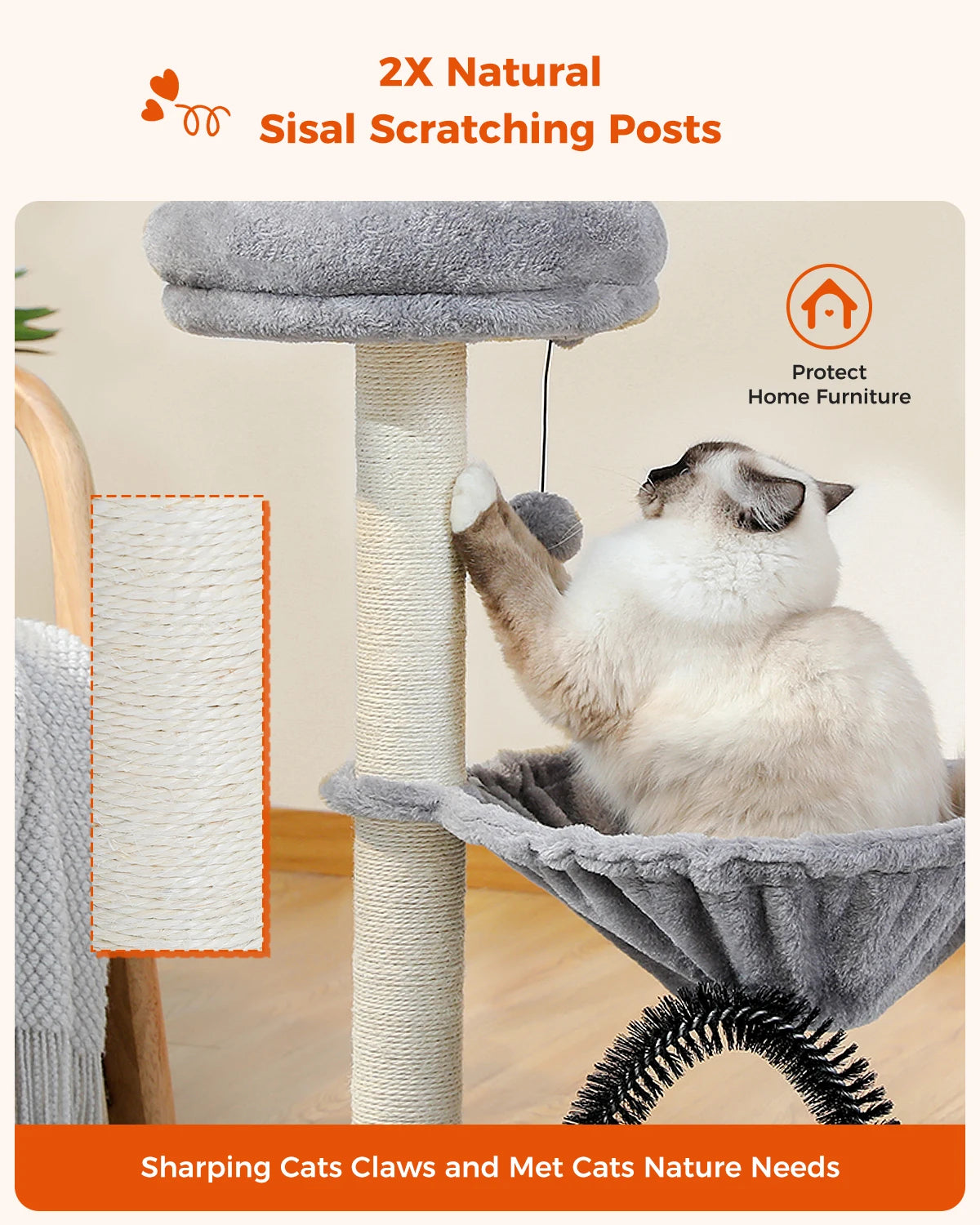 90CM Small Cat Tree Tower for Indoor with Hammock Detachable Grooming Brush Full Wrapped Sisal Scratching Posts