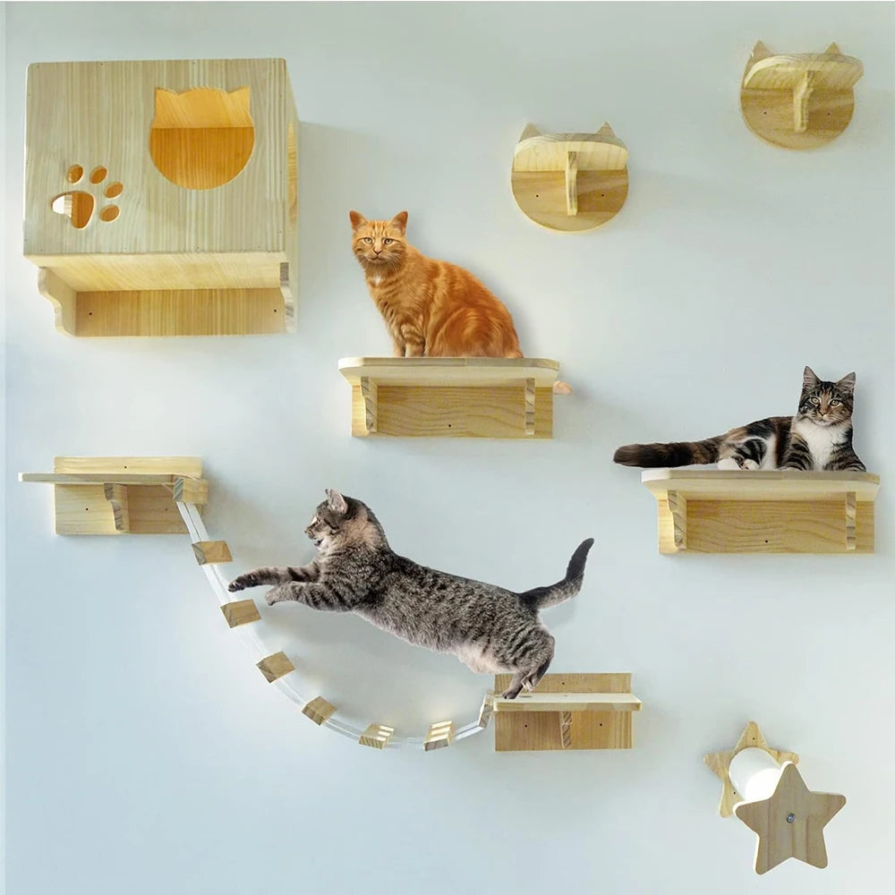 Solid Wood Wall-Mounted Cat Climbing House: Durable Sisal Climbing Ladder