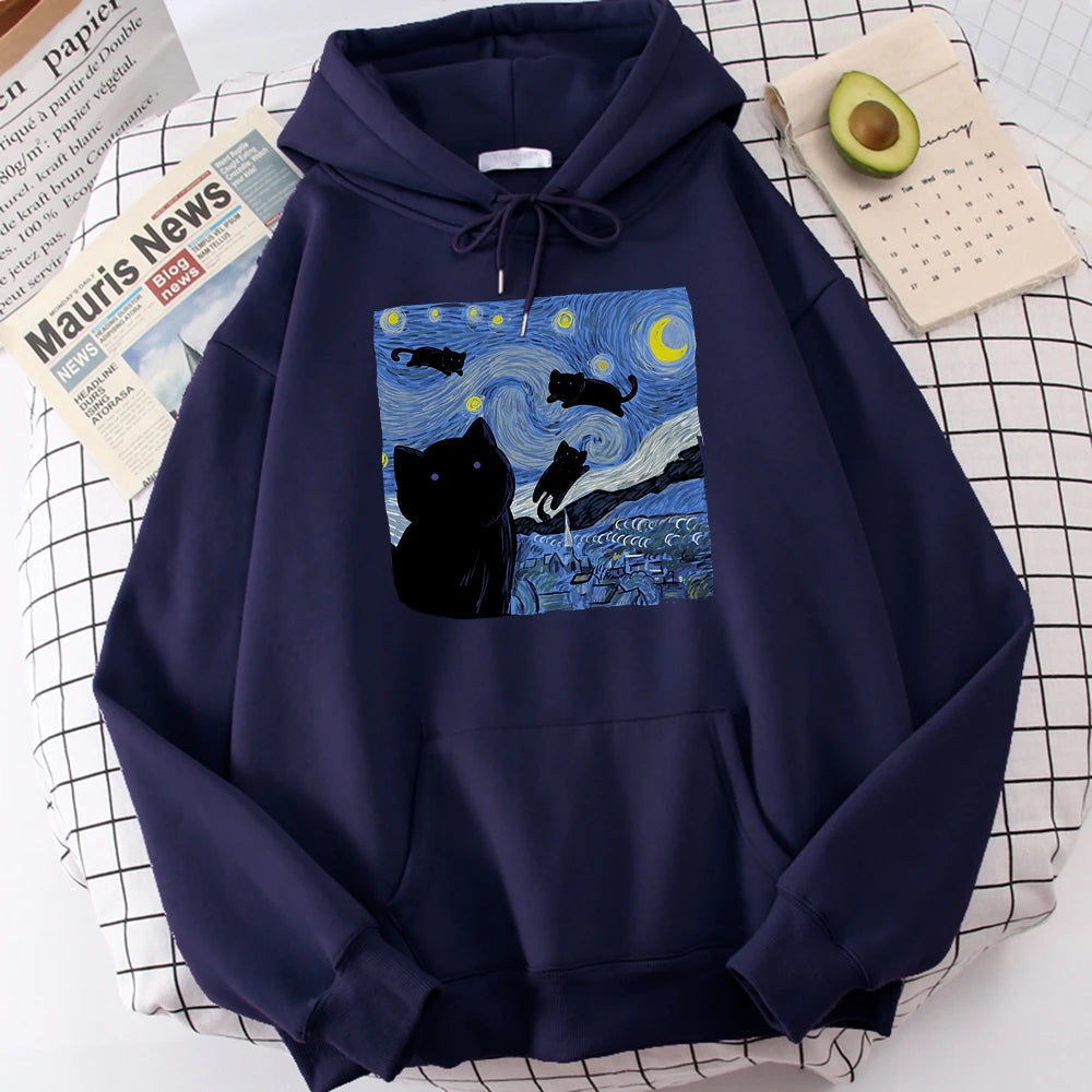 The Starry Cat Night Print Hoodies  – Cozy, Oversized Fleece Sweatshirts