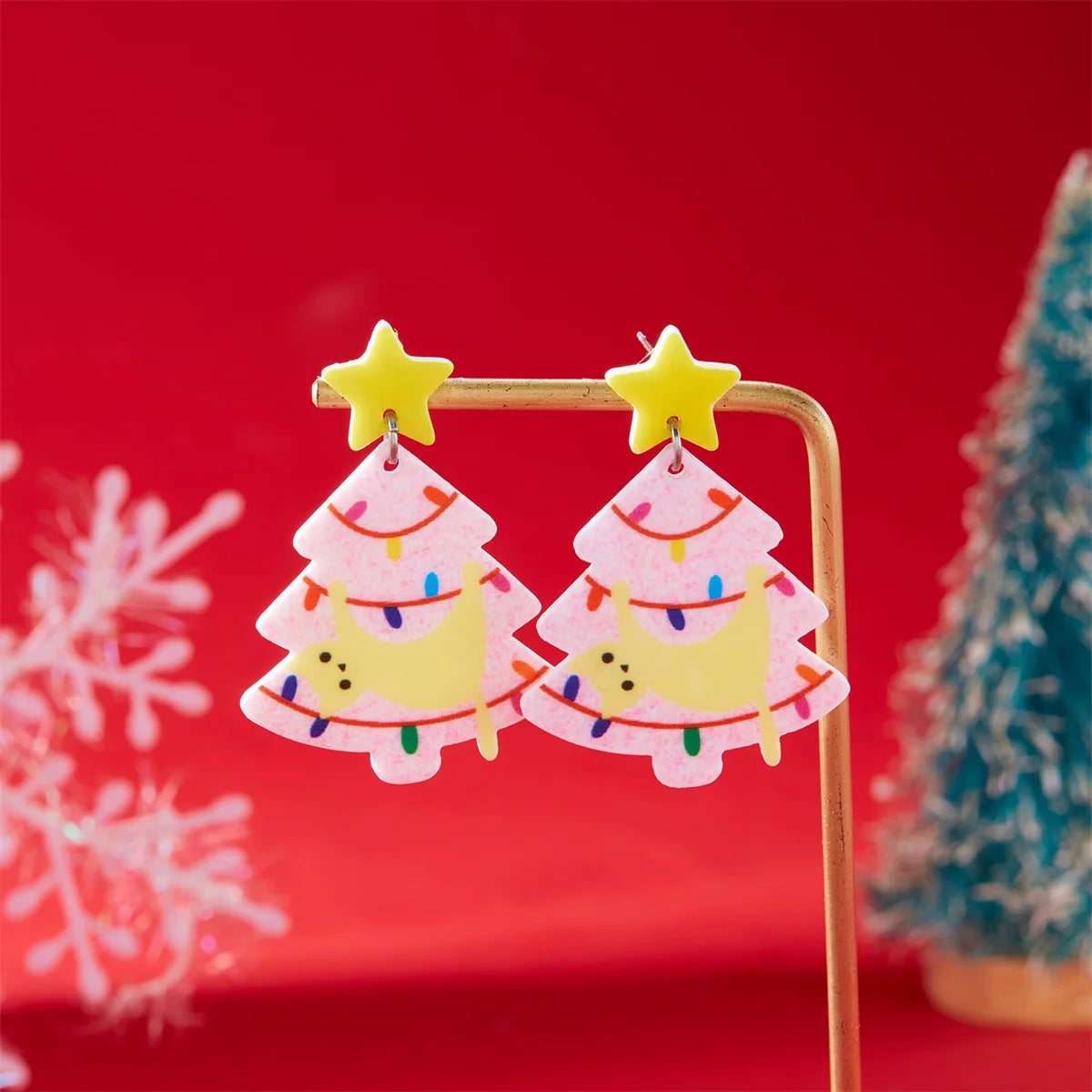 Acrylic Cat Christmas Tree Earrings - Xmas Tree Black Kitten Jewelry