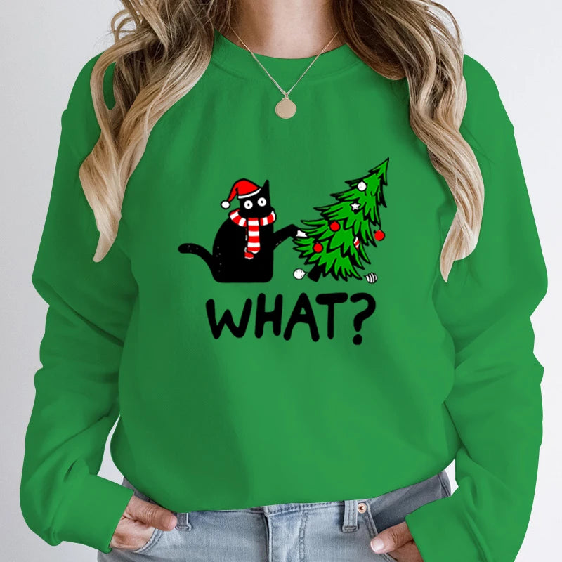 Black Cat Christmas Print Sweatshirt -  Long-Sleeved Pullover for Women