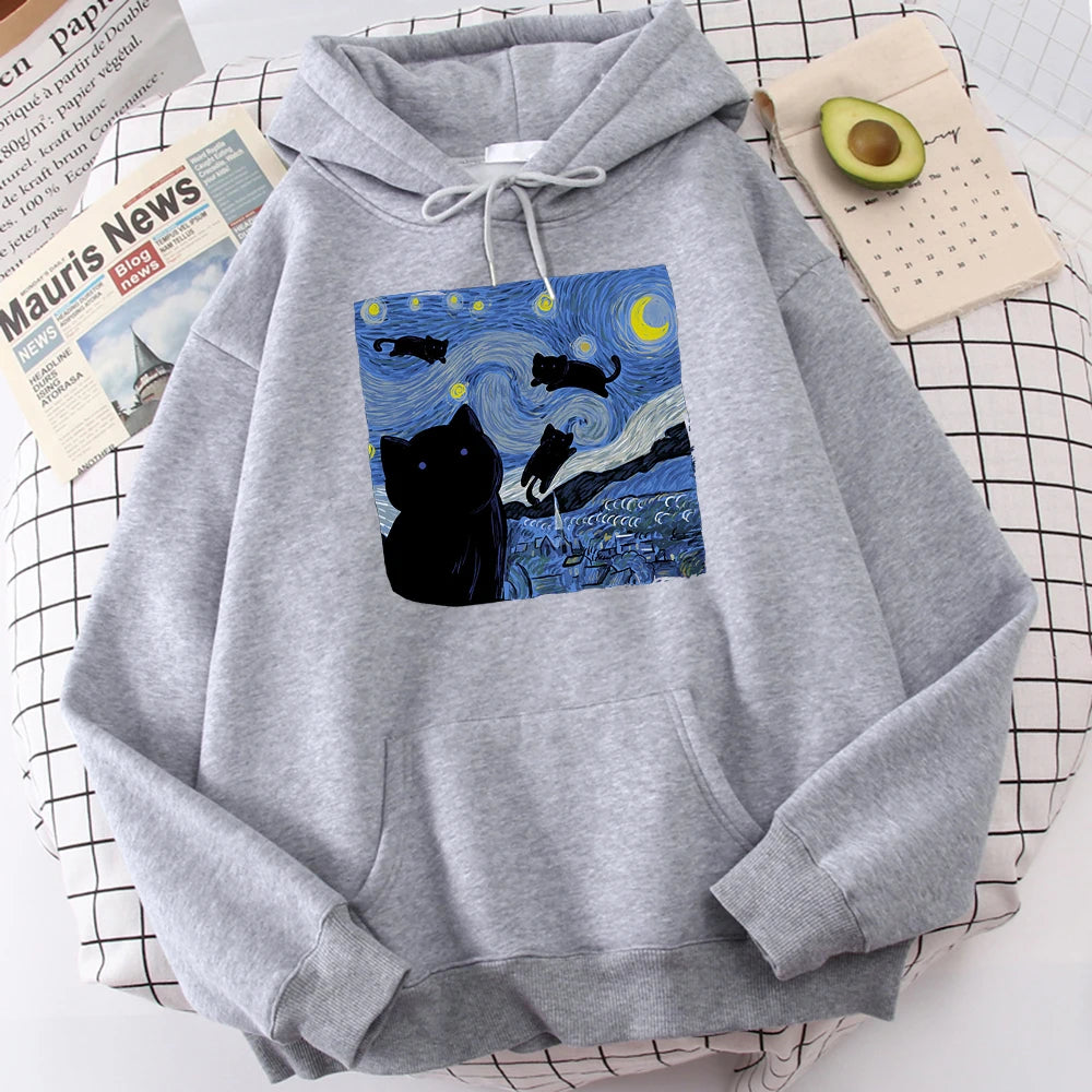 The Starry Cat Night Print Hoodies  – Cozy, Oversized Fleece Sweatshirts