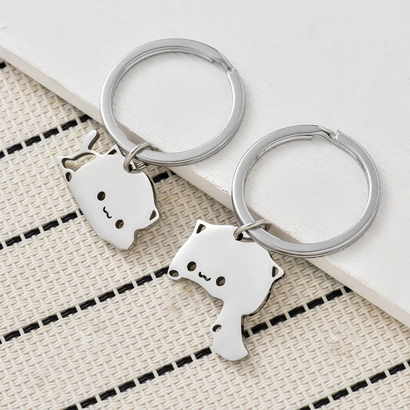 Stainless Steel Cat Couple Keychain - Cute Animal Matching Keyring Pendants