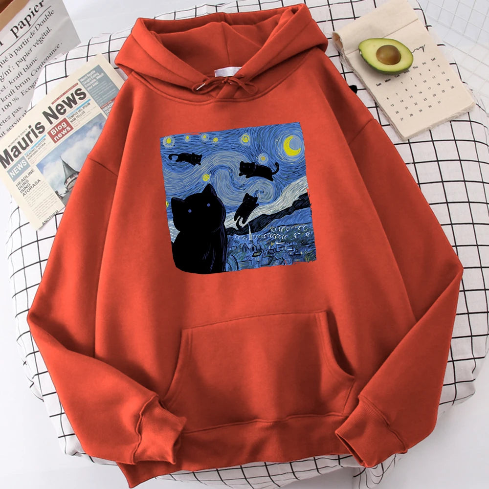 The Starry Cat Night Print Hoodies  – Cozy, Oversized Fleece Sweatshirts