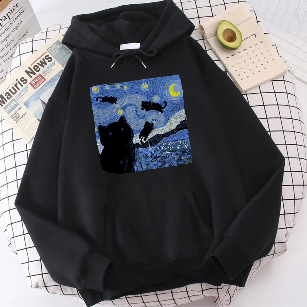 The Starry Cat Night Print Hoodies  – Cozy, Oversized Fleece Sweatshirts