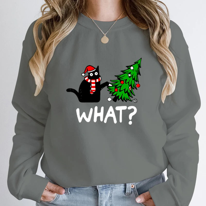 Black Cat Christmas Print Sweatshirt -  Long-Sleeved Pullover for Women