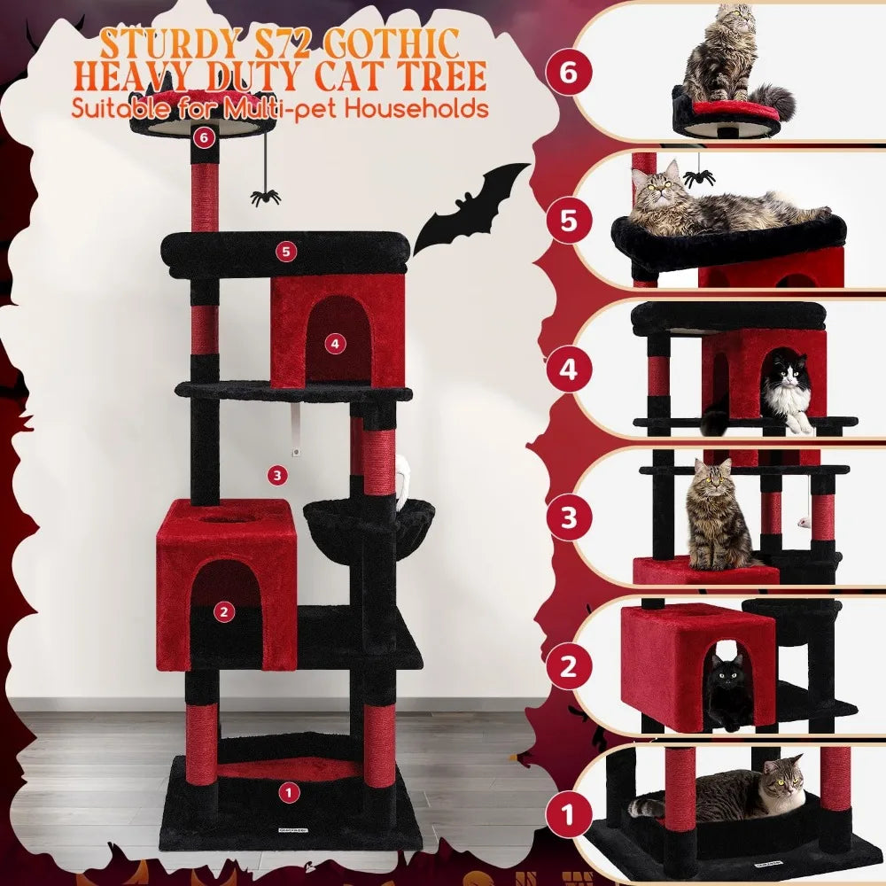 Heavy Duty Gothic Cat Tree for Large Cats, Sturdy 72in for Adult Biggest Cats with 6 Scratching Posts, Hammock, Black