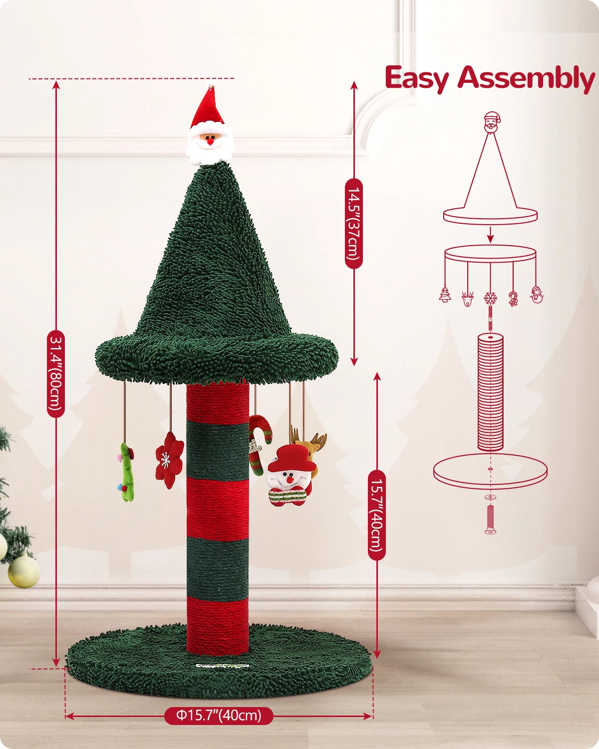 Christmas Tree Cat Scratching Post - 31-Inch Cute Scratcher with Plush Toys